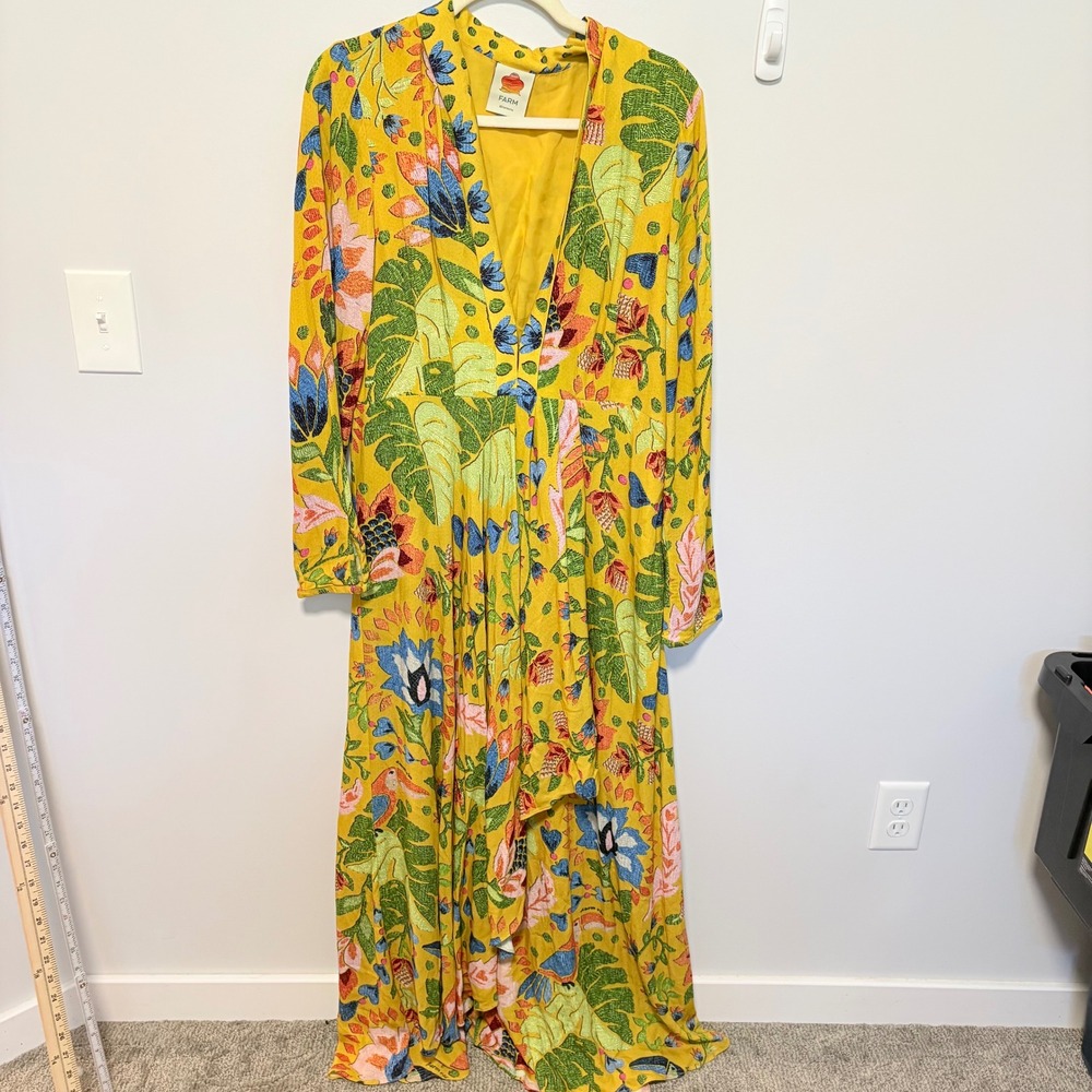 Farm Rio Tropical Floral V-NeMaxi Dress Womens Yellow Large V-Neck - Picture 1 of 12